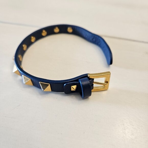 Valentino Garavani Leather Rockstud Bracelet - Blue and Gold - Picture 5 of 8